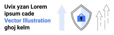 Kilitli kalkanlar, yukarı doğru oklar, güvenlik ve ilerlemeyi vurgulayan mesajlar. Siber güvenlik, veri koruması, büyüme stratejisi, teknoloji, dijital güvenlik, iş başarısı düz iniş için ideal