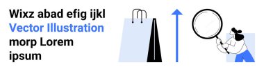 Elinde büyüteç olan kadın alışveriş poşetlerinin yanında büyüme okuna bakıyor. E-ticaret, analitik, büyüme, perakende, pazar araştırması, alışveriş eğilimleri, basit iniş sayfası için ideal