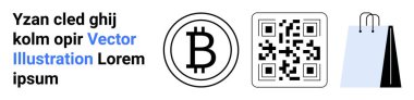 Bitcoin logosu, QR kodu ve alışveriş çantası dijital işlemleri, kripto para birimini, çevrimiçi ödemeleri vurguluyor. E-ticaret, engelleme zinciri, fintech, perakende teknoloji mobil cüzdanlar için ideal QR kullanımı basit
