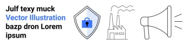 Güvenlik için asma kilidi olan kalkanlar, sanayi için duman çıkaran fabrikalar ve duyurular için megafon. Mahremiyet, endüstri, iletişim, teknoloji, güvenlik için ideal, düz iniş sayfasını uyarır