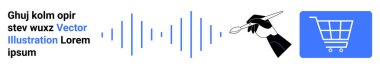 Ses dalgalarıyla metin, kalemle el çizimi ve alışveriş arabası ikonu. E-ticaret, yaratıcılık, teknoloji, tasarım, iletişim, basit iniş sayfası için ideal