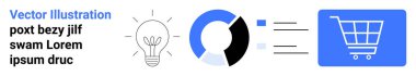 Parlak çizgileri olan ampul, üç kısımdan oluşan pasta grafiği ve alışveriş arabası ikonu. Yenilik, analitik, iş fikri, e-ticaret, strateji, pazarlama tüketici davranışı için ideal basit iniş