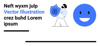 Siber güvenliği temsil eden kilit sembollü bir kalkan tutan adam. Büyük mavi mutlu yüz pozitifliği gösteriyor. Güvenlik, veri koruması, teknoloji, mahremiyet, mutluluk, dürüstlük için ideal