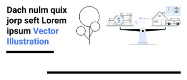 Madeni para yığınlarını, dolar sembollerini, mülk simgelerini ve ulaşım araçlarını soyut şekillerin yanında dengeleyin. Finans, gayrimenkul, bütçe ve refah ekonomisi için ideal iş sade arazi