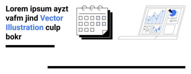 Bir takvimin yanında çizelgeleri ve grafikleri gösteren bir dizüstü bilgisayar. Basit bir iniş sayfasında verimlilik, ticaret, zaman yönetimi, dijital araçlar, planlama, analitik ve sunumlar için ideal