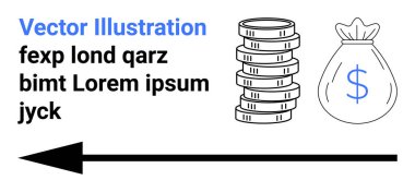 Birikmiş paralar, içinde dolar işareti olan bir para çantası ve alım-satım ya da finansal yön öneren cesur bir ok. İş, ekonomi, ticaret, bankacılık, yatırım, fintech basit iniş sayfası için ideal