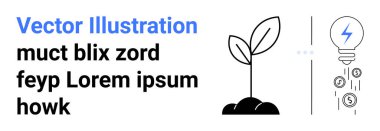 Toprakla büyüyen bir fidan çizimi. Bitişikteki ampul, paralar için sembollerle enerji yayar. Sürdürülebilirlik, çevre, büyüme, yenilik, finans, ekoloji, basit iniş sayfası için ideal