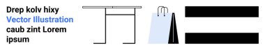 Tablo taslağı, alışveriş torbası ve geometrik çubuklu soyut düzen. Perakende, minimalizm, iç mekanlar, çevrimiçi mağazalar, reklamcılık, markalaşma ve basit bir iniş sayfası için ideal