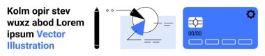 Kalem, pasta grafiği, veri görselleştirme elemanları ve bir kredi kartı arayüzü. Teknoloji, finans, iş, analitik, araştırma grafik tasarımı ve basit bir iniş sayfası için ideal