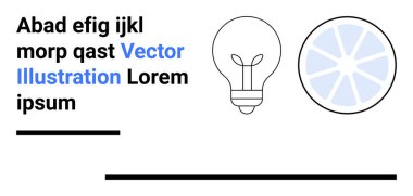 Modern sans-serif metin ve kalın çizgilerin yanında tek bir ampul ve narenciye dilimi. Yaratıcılık, yenilik, doğa, enerji, markalaşma, minimalizm, basit iniş sayfası için ideal