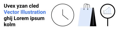 Saati gösteren saat, alışveriş torbaları perakendeciyi sembolize eden, veri analizi için grafikli büyüteç. Zaman izleme, perakende, analitik, iş planlaması, verimlilik, tüketici eğilimleri için ideal