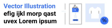 Akıllı telefon ekranında alışveriş arabası, tişört ve indirim rozeti olan bir e-ticaret uygulaması var. Çevrimiçi alışveriş için ideal, mobil uygulamalar, UI tasarımı, e-ticaret, perakende pazarlama, indirimler