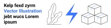 Soyut bitki çizgisi sanatı, mavi yıldırımlar ve modern yer tutucu metnin yanına istiflenmiş küpler. Markalaşma için ideal, minimal tasarım, doğa, enerji, depolama, yaratıcılık için basit iniş sayfası