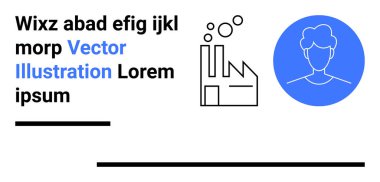 Üzerinde baloncuklar ve mavi daire şeklinde kullanıcı yüzü olan, metin ve yatay siyah çizgilerle eşleştirilmiş fabrika simgesi. İş, endüstri, işgücü, profil, ağ oluşturma, tasarım, basit iniş sayfası için ideal