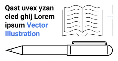 Basit siyah taslak biçiminde tükenmez kalemle birlikte metin satırlarının olduğu kitabı aç. Eğitim, yazma, öğrenme, okuma, kırtasiye, yaratıcılık için ideal, basit iniş sayfası