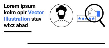 Kullanıcı profili simgesi, beş yıldızlı bir büyüteçle renklendirilmiş geri bildirim ile eşleştirildi. Müşteri geribildirim, gözden geçirme sistemleri, kullanıcı analizleri, değerlendirme, profiller, itibar için ideal