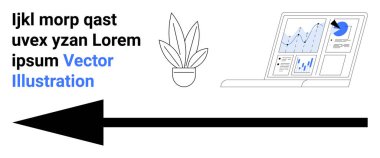 Analitik grafik ve grafikleri gösteren dizüstü bilgisayar, dekor için saksıya bitki, kalın siyah yönlü ok. Veri görselleştirme, iş büyümesi, strateji, navigasyon, iş akışı, minimalizm için ideal