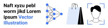 Sinir ağı diyagramı, alışveriş torbaları ve yüz tanıma ikonu yanında metin elemanları. Makine öğrenimi, AI, e-ticaret, güvenlik, analitik, teknoloji ve basit iniş sayfası için ideal