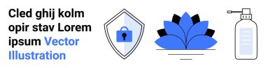 Korunmak için kilitli bir kalkan, sağlığı simgeleyen nilüfer çiçeği ve hijyen için dezenfektan şişesi. Güvenlik, refah, sağlık, güvenlik, farkındalık, temizlik için ideal düz iniş sayfası afişi