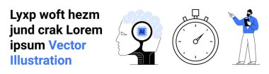 Kafa yapay zeka çipi, kronometre ve veri sunan bir adam. Yapay zeka, teknoloji, zaman yönetimi, eğitim, analiz, üretkenlik için ideal basit iniş sayfası