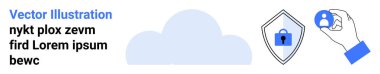 Kilit-kalkan sembolü ve el ele tutuşan kullanıcı simgesine sahip bulut güvenliği, mahremiyeti ve erişim yönetimini vurgula. Teknoloji için ideal, çevrimiçi depolama, siber güvenlik, kullanıcı profilleri, veri koruması