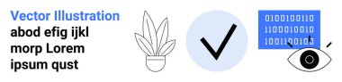 Saksı bitkisi, mavi çemberdeki kontrol işareti, ikili kod, siber güvenliği gösteren göz detayı, onaylar, kişiselleştirme, dijital gizlilik, çevrimiçi koruma doğrulaması. Düz iniş için ideal.