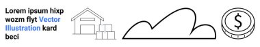 Depo, istiflenmiş kutular, bulut silueti ve dolar işaretli para. Lojistik, bulut hizmetleri, e-ticaret, depolama, nakliye teknolojisi için ideal basit iniş sayfası
