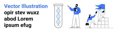 Bir test tüpündeki DNA, iki bilim adamı işbirliği yapıyor, biri diğerine istiflenmiş bloklar üzerinde rehberlik ediyor. Eğitim, araştırma, biyoteknoloji, takım çalışması, yenilik, bilim sade iniş sayfası için ideal