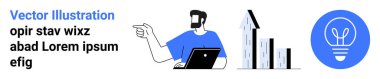 Diz üstü bilgisayarı olan bir adam, yukarı doğru büyüyen bar grafiği ve bir ampul. Ticari büyüme, yenilik, veri analizi, planlama, girişimcilik, yaratıcılık düz iniş sayfası afişi için ideal
