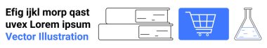 Bir yığın kitap, mavi alışveriş arabası ikonu ve laboratuvar şişesi. Basit bir iniş sayfasında eğitim, e-öğrenme, ticaret, perakende, bilim, yenilik ve teknoloji temaları için ideal