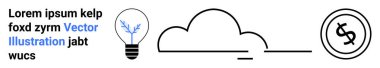 Filizli ampul, çizgili bulut, daire şeklinde dolar işareti. Teknoloji, yenilik, sürdürülebilirlik, finans, yaratıcılık, büyüme bulut hizmetleri için ideal soyut çizgi düz metaforu