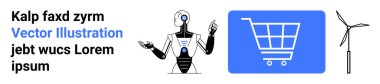 Yapay zeka robot hareketi, mavi arka planda alışveriş arabası ve tek bir rüzgar türbini. Teknoloji, e-ticaret, sürdürülebilirlik, yenilenebilir enerji, yenilik, temiz güç sade iniş sayfası için ideal