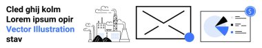 Tütsülenmiş fabrika binaları, zarf taslakları, finansal sembollü pasta grafiği. Endüstri, iletişim, e-ticaret, iş, çevresel odak, veri analizi için ideal basit iniş sayfası