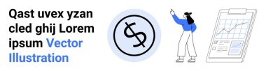 Kadın veriye doğru hareket eder, dolar simgesi parayı simgeler, pano grafikleri gösterir. Finans, yatırım, pazarlama, analitik, iş stratejisi, eğitim için ideal