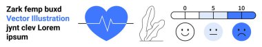 EKG çizgisi olan mavi kalp, bitki, duygusal yüz ve 0-10 reyting skalası. Sağlık, sağlık, duygu, kişisel bakım, fitness, zihinsel sağlık için ideal bir iniş sayfası