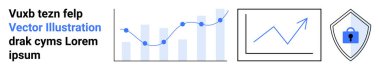 Veri noktaları olan çizgi ve çubuk grafikleri, yükselen eğilimler ve güvenli bir kalkan simgesi. Analiz, siber güvenlik, iş büyümesi, istatistik, veri takibi, teknoloji düz iniş sayfası afişi için ideal