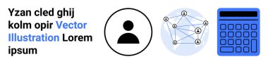 Kullanıcı profili silueti, ağ bağlantıları şeması, matematik ve veri işlemleri için mavi hesap makinesi. Teknoloji, analitik, finans, eğitim, ağ oluşturma ve basit iniş sayfaları için ideal