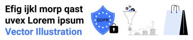 GDPR mesajı, kilit, bozuk paralarla dolu huni, alışveriş torbaları ve araba simgeleriyle kalkan. Veri koruması, siber güvenlik, uyum, pazarlama, e-ticaret gizlilik politikası için ideal