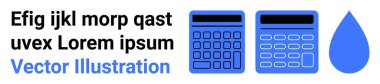 İki mavi hesap makinesi ve bir su damlası mali hesaplamalar, ekolojik bilinç kavramları ve temiz tasarımları akla getiriyor. Finans, sürdürülebilirlik, analitik, eğitim, işletme, tasarruf ve basit için ideal