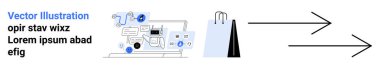 Grafikler, simgeler, alışveriş poşetleri ve online alışveriş, dijital işlemler ve seyir sistemini temsil eden oklarla dolu bir laptop. E-ticaret, pazarlama, veri analizi lojistik tedarik zinciri için ideal