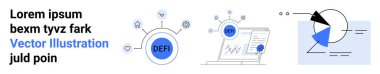 Bir engelleme ağının merkezinde DEFI, veri analizlerini gösteren dizüstü bilgisayar, pasta grafiği çizimi. Teknoloji, finans, yatırım, engelleme zinciri, şifreleme, bilgi sade iniş sayfası için ideal