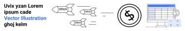 DDoS roketleri bir monitörde açık bir hesap tablosunun yanında dolar para birimi simgesini hedefliyor. Siber saldırılar, hackleme, internet güvenliği, finansal risk, veri ihlali, bilişim çözümleri, soyut çizgi düz