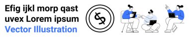 Üç meslektaşım bir dolar simgesinin yanında dizüstü bilgisayarlarla fikirleri tartışıyor. Takım çalışması, finans, işbirliği, tartışma, yatırım, üretkenlik, ekonomi soyut metaforu için ideal