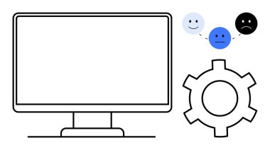 Boş bilgisayar monitörü, teçhizat ve duygu simgelerinin yanında kullanıcı ruh hallerini mutlu, nötr ve üzgün gösteriyor. Geri besleme sistemleri, UI tasarımı, dijital araçlar, AI değerlendirmesi, ruh hali izleme, iş akışı optimizasyonu için ideal