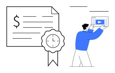 Üzerinde dolar işareti ve saat amblemi olan bir sertifika. Yanında da elinde bir ekran bulunan bir çalma tuşu var. Finans, eğitim, akış, sertifika, çevrimiçi platformlar, üretkenlik, basit