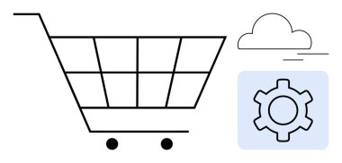Alışveriş arabası, bulut ve elektronik ticareti, bulut teknolojisini ve konfigürasyonu temsil eden ikon. Perakende ticaret için ideal, çevrimiçi alışveriş, teknoloji, ayarlar bulut hizmetleri yeniliği basit