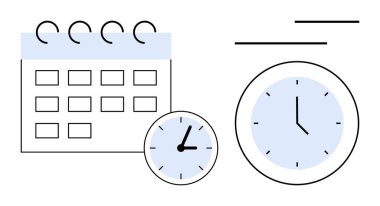 Tarih kareleri ve programlamayı, teslim tarihlerini ve üretkenliği temsil eden yuvarlak analog saatlerle takvim. Zaman planlama, dakiklik, organizasyon, iş akışı, hatırlatıcılar, verimlilik dairesi için ideal