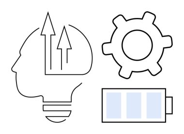 Gelişmeyi gösteren oklarla insan kafası ana hatları, yeniliği temsil eden dişliler ve enerjiyi sembolize eden pil. Fikirler, yaratıcılık, üretkenlik, zihniyet, teknoloji, enerji ve başarı için ideal