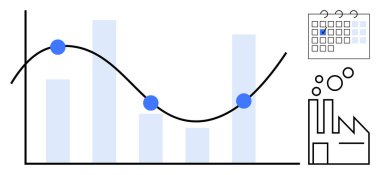 Eğilim çizelgesi ve veri noktaları olan bar çizelgesi, işaretli tarihli takvim, fabrika simgesi. İş, üretkenlik, üretim, planlama, iş akışı, tahmin stratejisi için ideal düz metafor