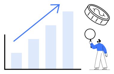 Yukarı doğru ok işaretli çubuk grafik büyümeyi simgeleyen para zenginliği simgeliyor, büyüteçle veri analiz eden kişi. Finans, pazarlama, analitik, strateji, yatırım, başarı için ideal basit
